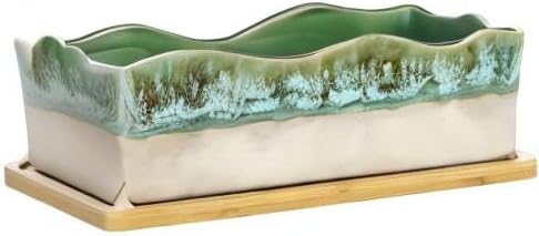 MyGift Rectangular Succulent Planter - Decorative Beige and Green Ceramic Glazed Plant Container Pot with Removable Bamboo Tray