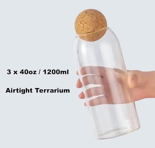Glass Terrariums with Airtight Wooden Lid (Ball Cork) | Closed Terrarium Planters | Clear Glass Bottle Jar Containers | Set of 3 | Jars for Indoor Plants/Moss (Set of 3 (1200ml / 40oz))