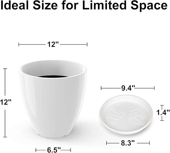GameXcel Flower Pot Indoor - Outdoor Plant Pot - White Glossy Planter - Elegant Ceramics Imitation - 12" Diameter 12" Tall with Drainage Holes and Saucer