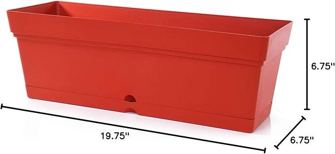 Mintra Window Box Planter, Window Planter Box for Indoor Outdoor Use, Rectangular Pots with Saucers & Drainage Holes, Decorative Plant Pots for Window Sill, Shelf, Desktop, 19" Wx6.75 H, Red