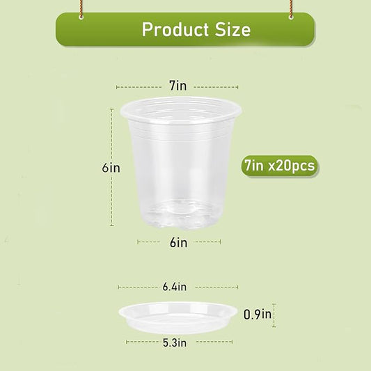 20 Pack 7 Inch Clear Nursery Pots,Plastic Transparent Plant Pot with Drainage Holes and Saucers,Plant Pot Seed Starter Pots for Succulents (7 Inch)