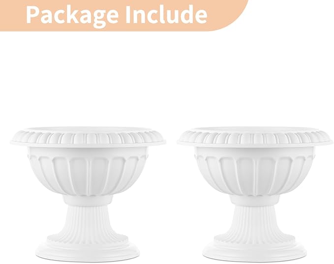 NUPTIO 2 Pcs Classic Urn Planter, 10.23 inches Height Plastic Outdoor Urn, Pedestal Plastic Planter for Garden Front Porch Door, White
