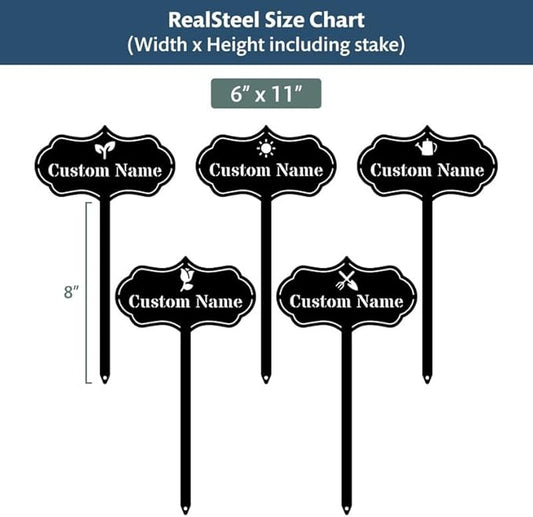 RealSteel Custom Seed & Plant Markers – Metal Garden Stakes for Herbs, Fruits & Vegetables | Elegant Steel Plant Labels for Pots, Raised Beds & Outdoor Gardens | Farmhouse & Greenhouse | Rose Icon