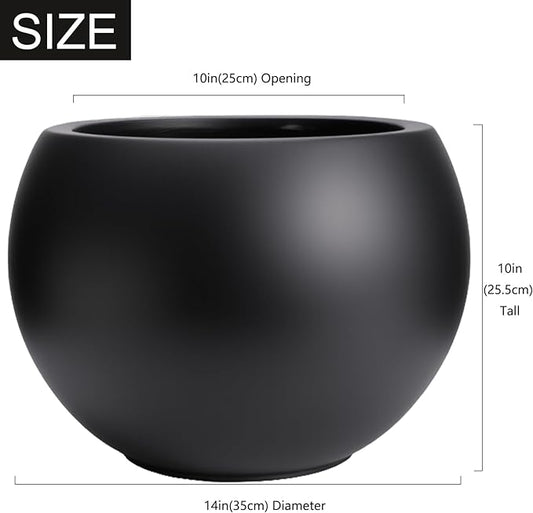 10 H x 14" Dia (10" Pot Opening) Round Fiberstone Planter with Drainage Hole, Black, Indoor/Outdoor Large Plant Pot for Home Patio Garden, Ideal for Large Plants