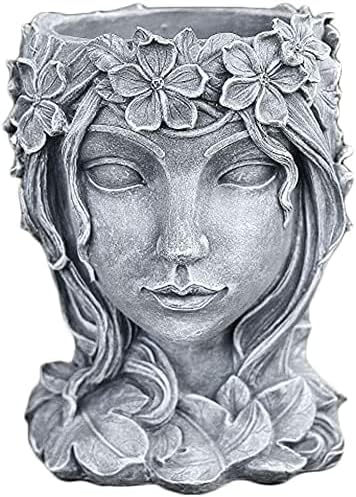 Head Planter Face Flower Pot Goddess Statue Plant Pot Decorative Girl Portrait Planter Indoor Outdoor Girl Face Flower Vase Container Planter (Gray)