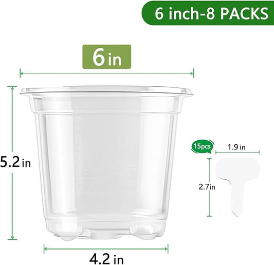 SupKing 6 Inch Clear Nursery Pots Large Plastic Seed Starter 8 Packs Plant Flower Pot with Drainage Holes for Transplanting Succulents Cuttings Seedlings Bonus 15 Plant Labels
