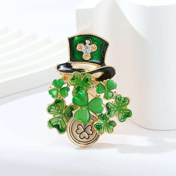 St.Patrick's Day Brooches for Women Dainty Crystal Four Leaf Lapel Pin Shamrock Hat Brooch Pins Irish Enamel Brooches Irish Holiday Costume Accessory Jewelry