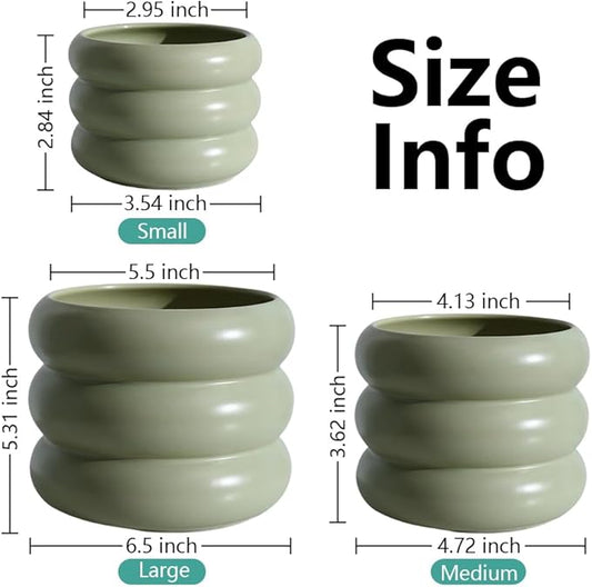 3 Piece Modern Ceramic Planter, 6.5/4.7/3.5 Inch Green Plant Pot Set of 3 Unique Planters for Outdoor Indoor Flower Pots Plants with Drainage Holes Home & Office Decor with Mesh Pad