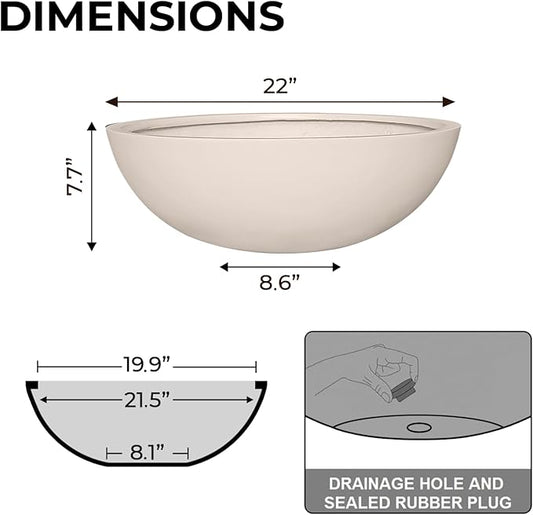 7.7" H x 22" D Round Bowl Fiberstone Planter for Succulent and Lotus with Drainage Hole, Smooth Finishes, Weather Resistant, Included 2 Extra Coco Mats (Kilim Beige, 19.9" Pot Opening)