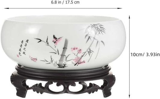 Veemoon Ceramic Hydroponic Bowl Water Lily Planter Round Succulent Plant Pot Chinese Lotus Flower Pot with Plastic Base Bonsai Plant Container for Indoor Outdoor Garden Home Office (6.8 * 3.93 Inch)