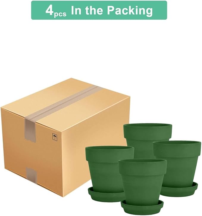 vensovo 6 Inch Green Terracotta & Clay Pots for Plant with Saucer - 4 Pack Medium Terra Cotta Planter with Drainage Hole, Flowerpot for Indoor Outdoor Plants, Crafts, Wedding Favor