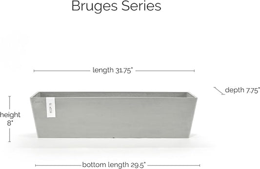 Ecopots Bruges Durable Modern Rectangular Indoor/Outdoor Recycled-Based Composite Flower Pot Planter, White Grey, 31.5"