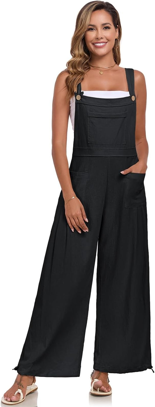 ALSOGO Womens Wide Leg Overalls Loose Beach Vacation Outfits Jumpsuits 2025 Causal Sleeveless Rompers with Pockets