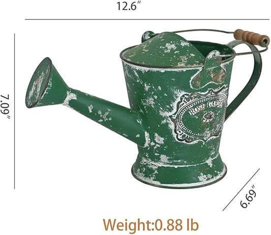 Vintage Metal Watering Can with Wooden Handle, Watering Can for Indoor/Outdoor Plants, Shabby Chic Decor for Home Balcony Courtyard Garden Green