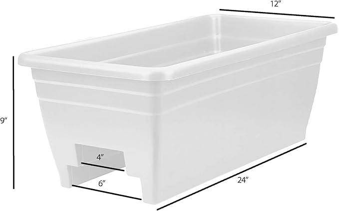 The HC Companies 24 Inch Wide Heavy Duty Plastic Deck Rail Mounted Garden Flower Planter Boxes with Removable Drainage Plugs, 2 Pack, White