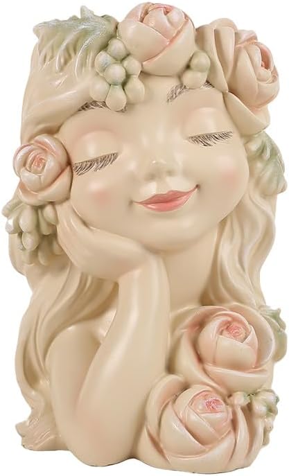 Decorative Garden Fairy Head Planter, Resin Flower Pot Sculpture, Pearl White with Rose Details