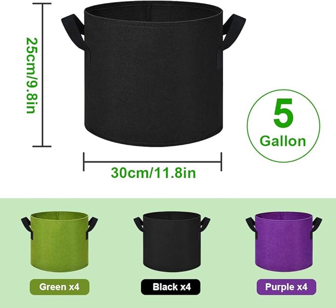 5 Gallon Grow Bags, 12 Pack Multicolor Fabric Plant Pot Bag with Handles Plant Grow Bags for Flowers, Fruits and Vegetables (Green+Purple+Black)