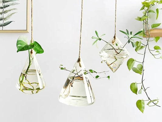 Kingbuy Hanging Glass Terrarium Propogation Planter Geometric Vase with Strings for Propagation Hydroponic Plant Home Garden Decor, 3 Type
