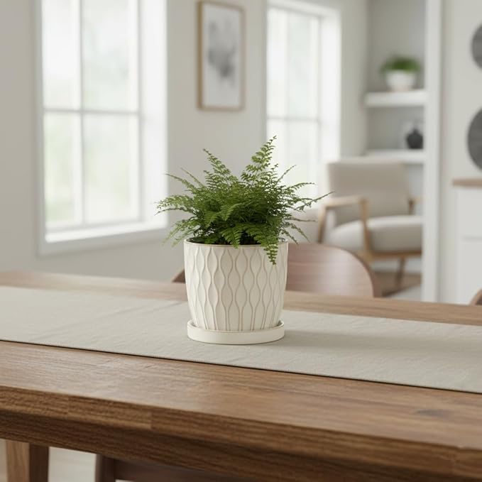 Nihow Ceramic Plant Pots - 4.75 Inch Planters for Indoor Plants,Embossed Flower Pots with Drainage Hole & Saucer,Small Pots for Succulent,Cactus,Little Snake,Set of 2,White -3