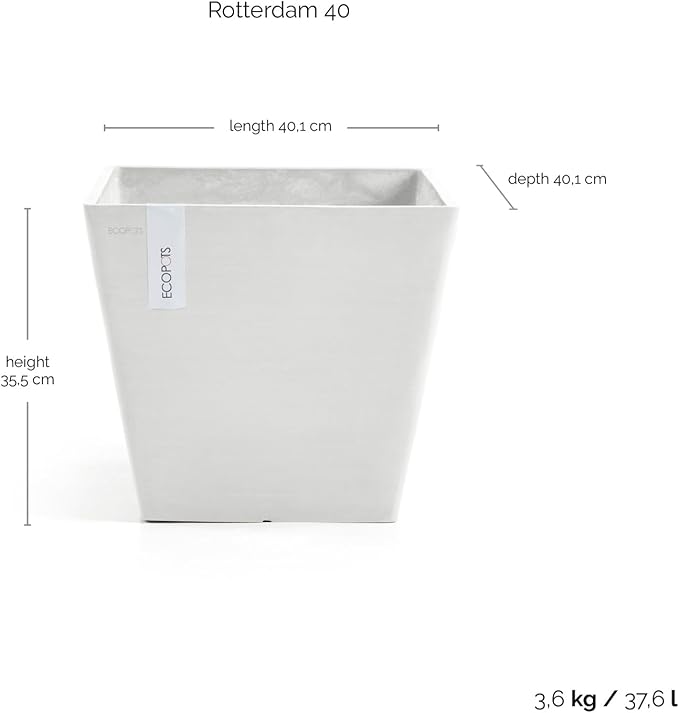 Ecopots Rotterdam Durable Modern Square Indoor/Outdoor Recycled-Based Composite Flower Planter, Dark Grey, 15.75"