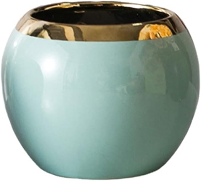 Blue Gold Spherical Ceramic Plant Pots Succulent Small Plant Pot Indoor Modern Decorative Indoor-Outdoor Garden Plant Pots with Drainage Holes - Plants Not Included 3.94 x 3.94 x 3.15 Inch