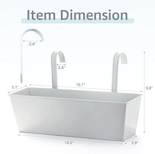 3 Pack Metal Railing Planters, 16 Inch Large Rectangular Hanging Flower Pots with Detachable Hooks & Drainage Holes, Fits Rails up to 2.5", Galvanized Iron Window Box for Balcony Garden - White