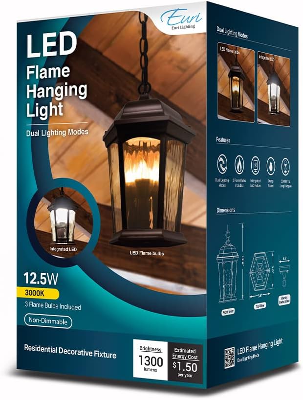 Euri Lighting EHL-130W-MD, Flickering Flame Hanging Lantern, Water Glass, with Integrated Security Light (3000K), Wall Switch Selectable Function, Water Glass, Oil Rubbed Bronze Housing