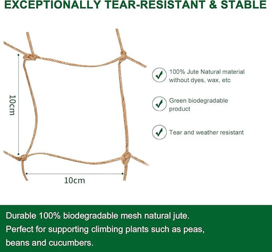 Jute Trellis Netting - Jute Netting for Garden, Heavy Duty Plant Support Netting for Climbing Plants, Cucumber, Vine, Fruits & Vegetables, Climbing Vining Plants (6.6 Ft x 32.8 Ft, 3.9 Inch Squares)