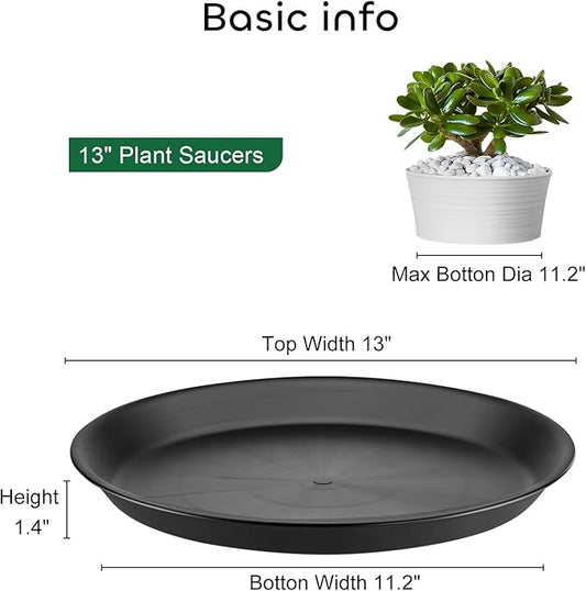 GROWNEER 6 Packs 13 Inches Plant Saucer Plant Drip Trays, Plastic Plant Trays for Pots, Heavy Duty Pot Drip Tray for Indoors Outdoor Flower Planters, Black
