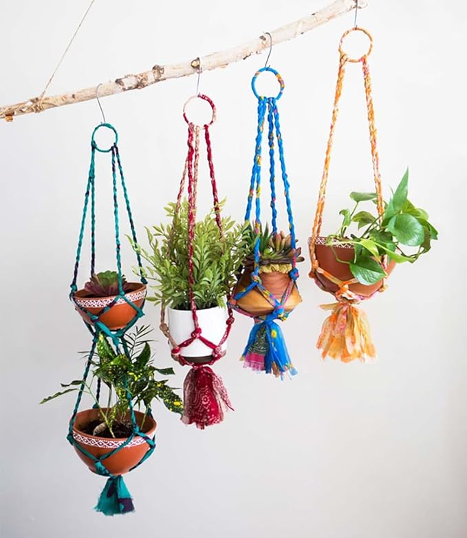 Matr Boomie Upcycled Assorted Muliticolor Sari Fabric Macrame Plant Hanger Indoor Hanger with Tassels, Boho Home Decor 24 Inch, Holds 6" Pot (Pot not Included, Colors Vary) (2)