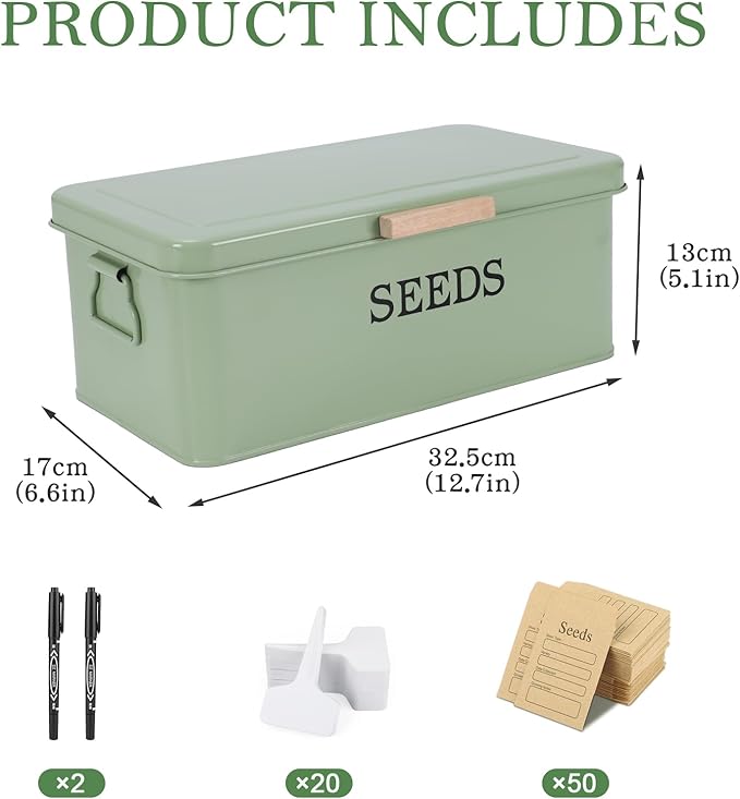 Seed Storage Organizer,Metal Seed Saving Box with Lid,4 Compartments Box with Safety Locks,Garden Supplies Container with 20 Plant Labels 50 Saving Envelopes 2 Marker Pens,Green