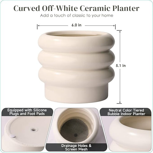 Tiered Bubble Ceramic Plant Pot, Creamy White 6 Inch Ceramic Planter with Drainage Holes, Flower Pot with Mesh Pad, Rubber Plugs, Plante Pots for Indoor Plants Outdoor, Modern Décor
