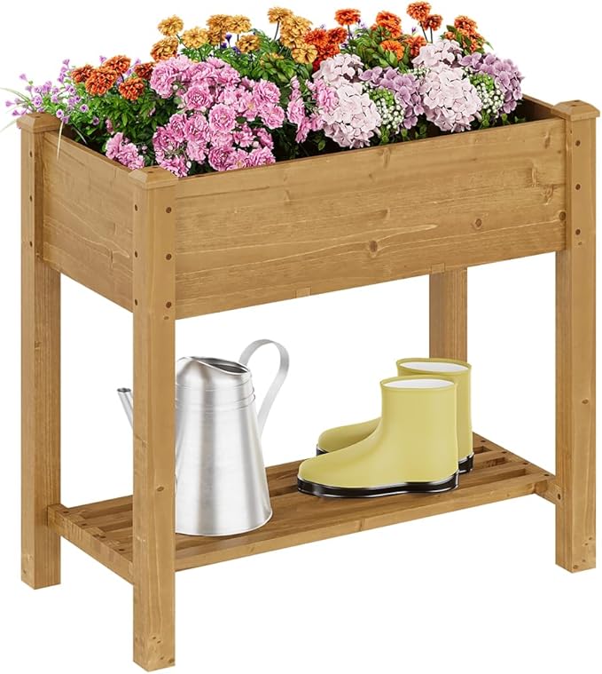 Raised Garden Bed with Legs, Wooden Raised Garden Bed with Storage Shelf, 34x18x30.7in, Elevated Wood Planter Box for Vegetables Flowers Herbs, Garden Planter for Backyard Patio Balcony (Brown, S)