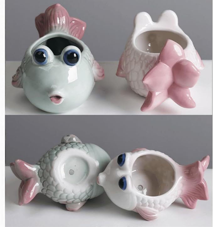 2 PCS Cute Succulent Planter Pot, Ceramic Cactus Flower Container, Small Unique Indoor Air Plants Holder (1White and 1Green)
