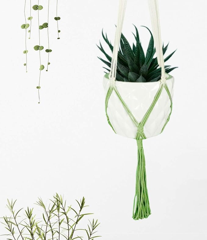 LIVALAYA Macrame Plant Hangers Wall Planter - Green Ombre 48 Inch, for Indoor or Outdoor, 100% Cotton Rope Hanging Plant Holder with Tassel for Flower Pots and Succulents Modern Boho Home Décor
