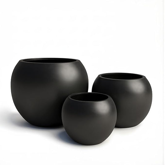 DTY Mount Sherman 16.1'' D x 13.6'' H (Pot Opening 11.8") Fiberstone Round Planter with Drainage Hole, Smooth Finishes, Weather Resistant for Indoor and Outdoor, 2 Extra Coco Mats - Black, Medium