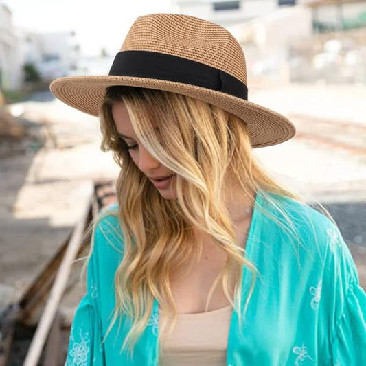 DRESHOW Women Straw Panama Hat Travel Fedora Beach Sun Hat Summer Wide Brim Straw Roll up Hat UPF 50+