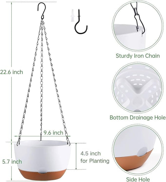 Hanging Planters for Indoor Plants, Set of 2 8/10 Inch Self-Watering Hanging Pots with Drainage Hole & Removable Water-Storage Tray II Screw-in Hooks II