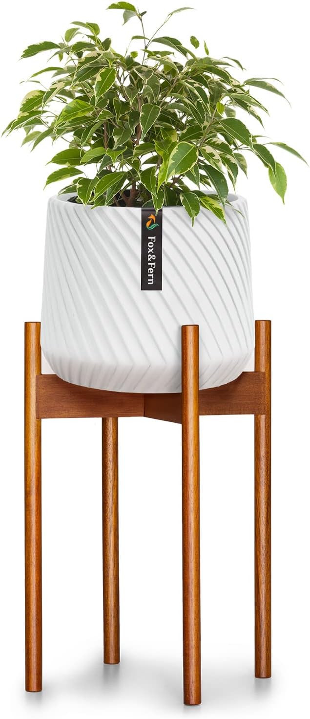 Fox & Fern Mid Century Tall Plant Stand — 10 Inch Fixed Size Raised Wooden Plant Stand for Indoor Planters (Not Included); Modern Flower Pot Holder with Plug In Design; Easy to Assemble - Acacia
