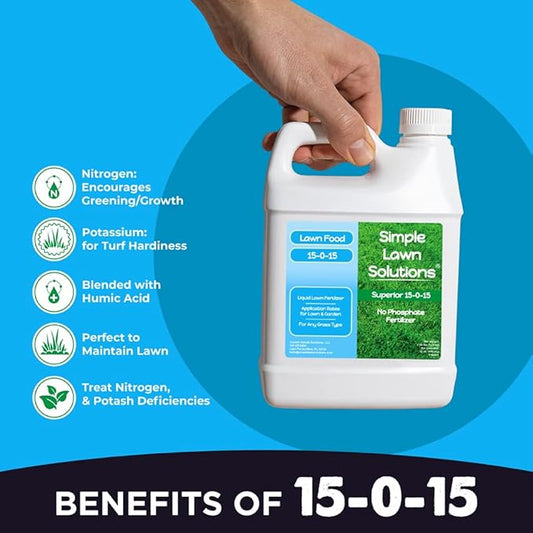 Superior 15-0-15 Liquid Fertilizer Nitrogen & Potash Lawn Food - Concentrated Spray- Any Grass Type- Simple Lawn Solutions Green, Growth - Humic Acid - Kelp Seaweed - Phosphorus-Free (1 Quart)