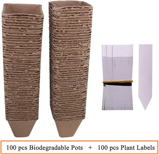 100 Pack 3.15" Square Biodegradable Peat Pots Plant Seedling Saplings & Herb Seed Starters Kit with 100 Pcs White Plastic Plant Labels