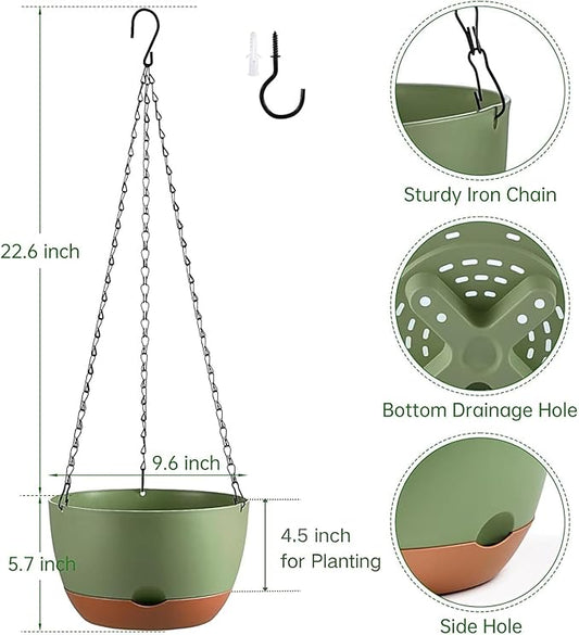 Hanging Planters for Indoor Plants, Set of 2 8/10 Inch Self-Watering Hanging Pots with Drainage Hole & Removable Water-Storage Tray II Screw-in Hooks II