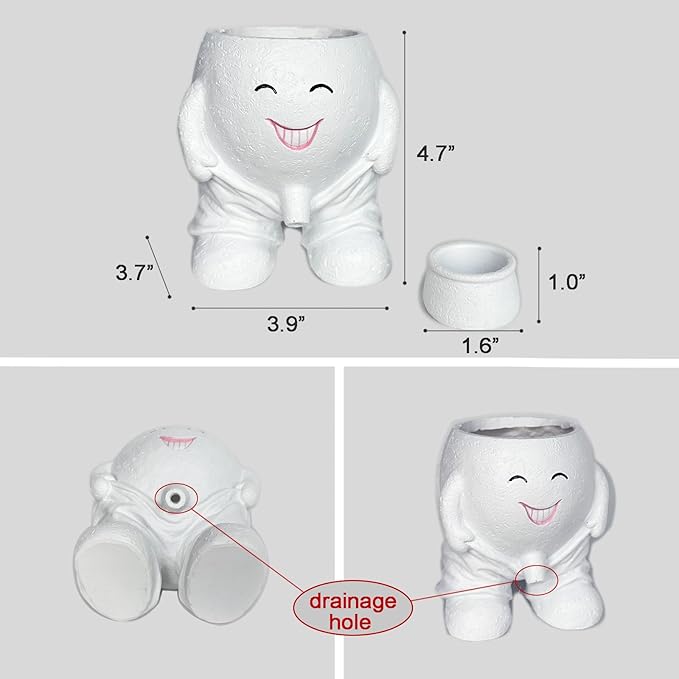 Quirky Cute Planter with Smiley Face,Pee Plant Pot,Naughty Boy Plant Face Pot with Drainage Hole,for Indoor Outdoor, Christmas, Mather's Day Gift(Naughty Boy,White)