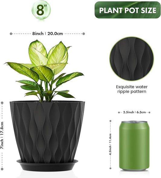 8 Inch Plant Pots, 4 Pack Plastic Planters for Indoor Outdoor with Drainage Holes & Saucers, Waffle Texture Flower Pots for Indoor Plants, Indoor Plant Pots for Monstera, Fiddle Leaf Fig, Black
