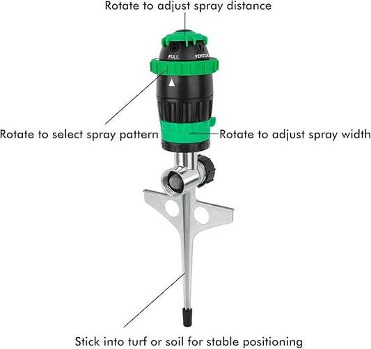 RESTMO Gear Drive Sprinkler with Metal Spike Base, 5-Pattern Heavy Duty Gardening Watering System, Multi-Adjustable Lawn Sprinkle for Garden Plant, Flower Bed and Large Yard Area Watering, Green