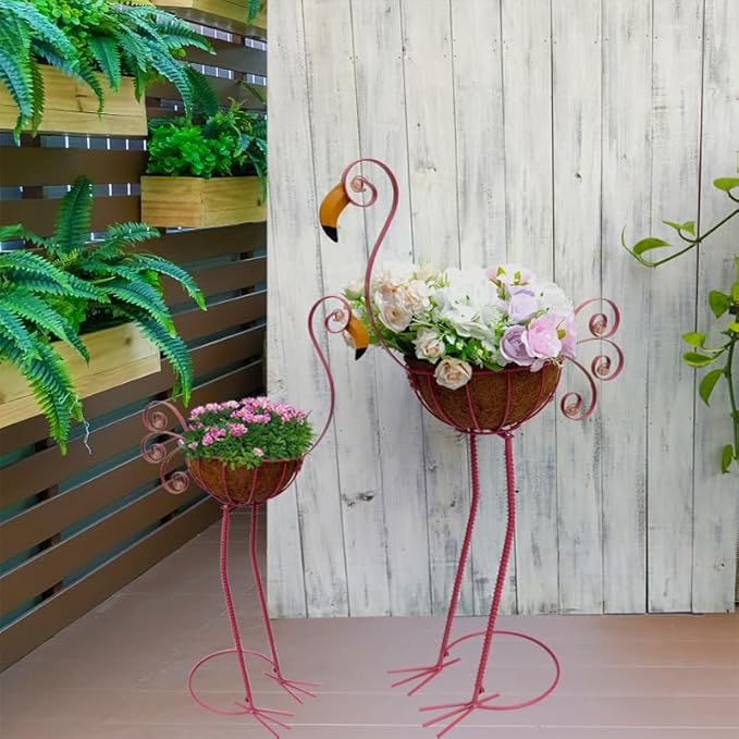 Metal Flamingo Planter with Basket -Garden Bird Planters for Outdoor Indoor Lawn,Yard,Porch,Patio, Garden Decorations(Set of 2)