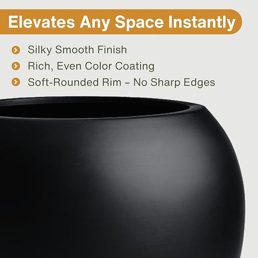 12.8" H x 16" D Globo Fiberstone Round Planter with Drainage Hole, Smooth Finishes, Weather Resistant for Indoor and Outdoor Use, Included 2 Extra Coco Mats (Black, 10.7" Pot Opening)