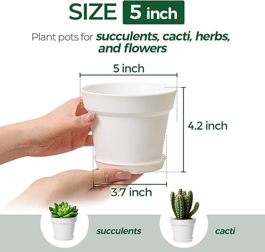 T4U Flower Pots 18-Pack, 5 Inch Plant Pot with Saucer and Drainage Hole, Durable Plastic Flower Pots, Small Pots for Plants, Violet, Succulent and Indoor Plant Decorative (18 Pack 5" Pot, White)