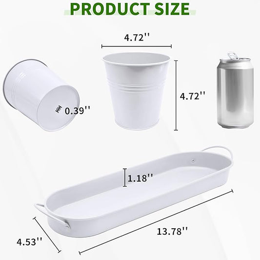 Metal Herb Garden Planter Set with Tray, 3-Pack White Zinc-Coated Windowsill Plant Pots with Drainage Holes & Handles for Indoor Outdoor Kitchen Garden