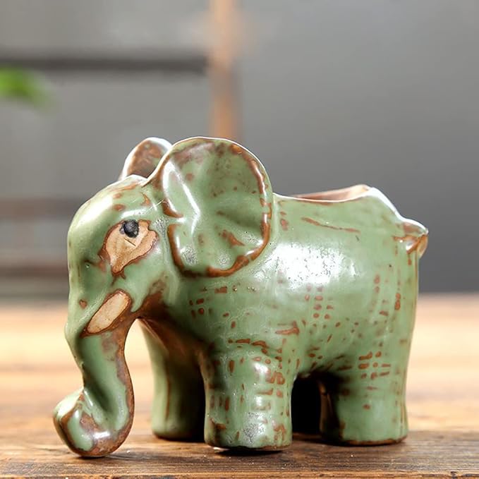DIYOMR Small Ceramic Planter Pot, 4.3" Vintage Bronze Animal Planters Ceramic Flowerpot Succulent Pots Cactus Pot for Office Home Desktop Decor - Plants Not Included (Elephant Pot)